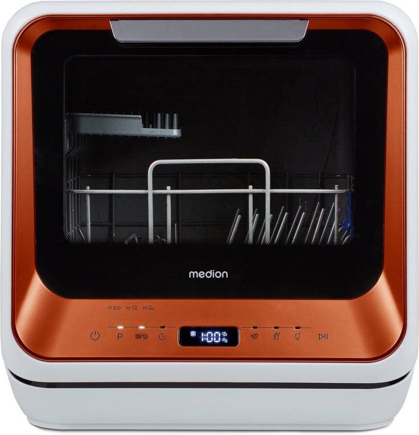 MEDION Mini Vaatwasser DWT20 (tafelmodel vaatwasser 2 couverts werkt met zonder wateraansluiting 6 reinigingsprogramma's babyflessen starttijdvoorkeuze vrijstaand) oranje - Foto 2