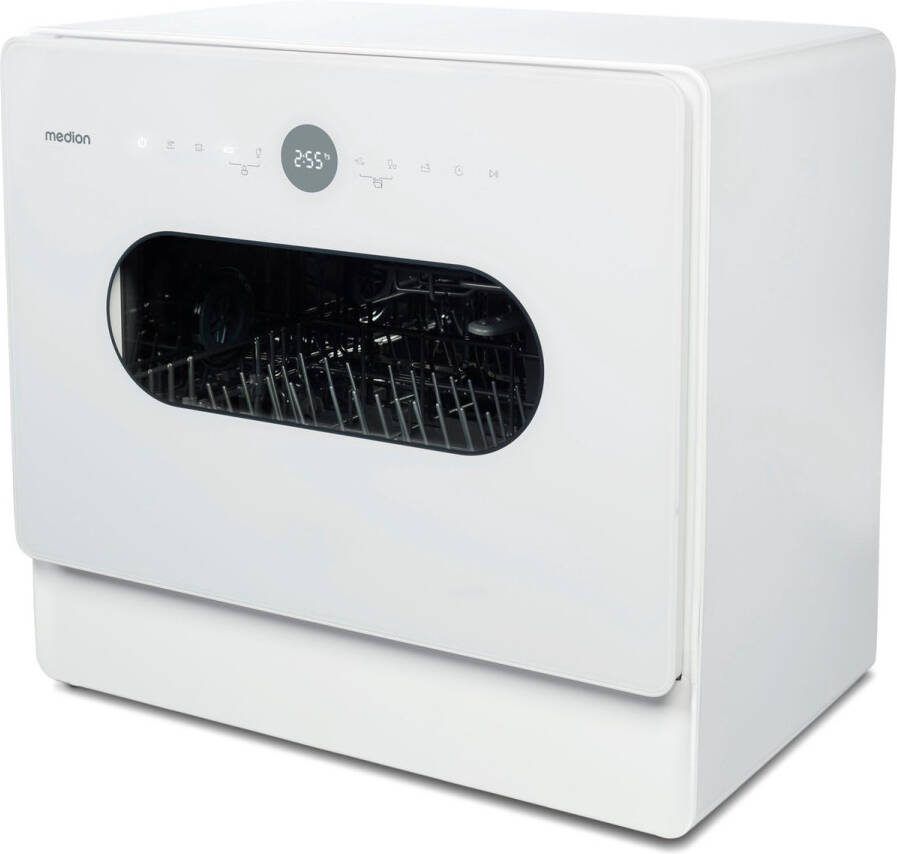 MEDION Mini Vaatwasser DWT51 (tafelmodel vaatwasser met touchbediening emmerfunctie 5 couverts werkt met zonder wateraansluiting 7 reinigingsprogramma's voorkeuze starttijd MD 37766) wit