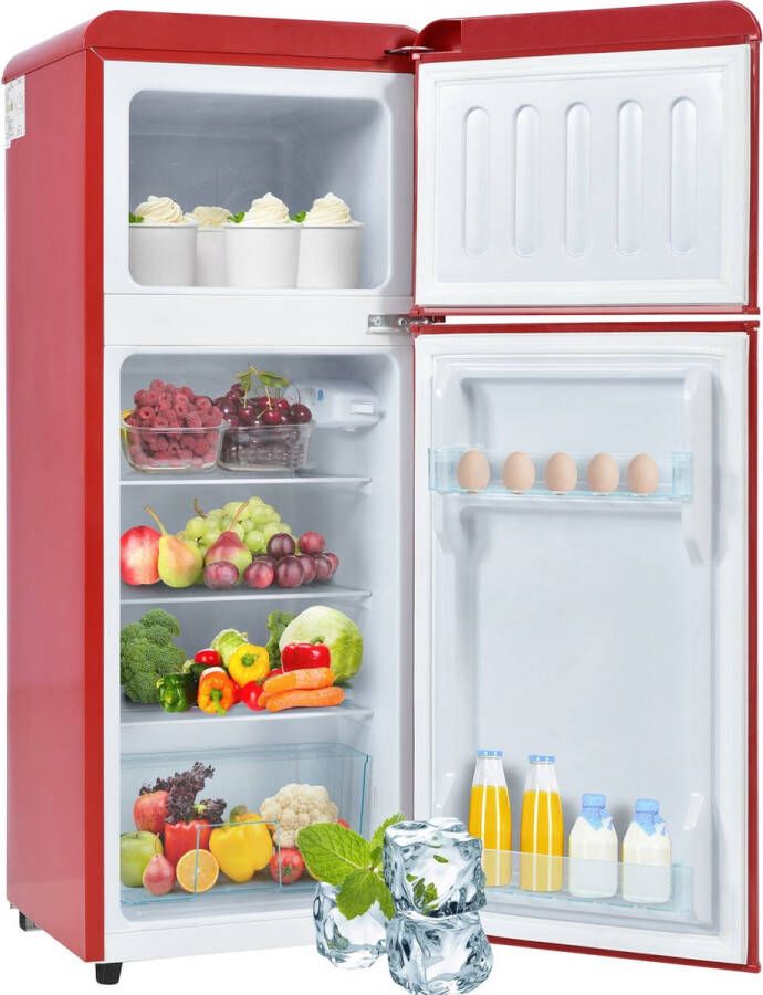 Merax Retro-Kühlschrank. Kühl-Gefrier-Kombination 105.5 cm hoch 41 cm breit zweitürig mit 92 Liter Gesamtvolumen 28 Liter Gefriervolumen. Türregale und Glasregale. 116 kWh Jahr -27°C ~13°C LED-Licht - Foto 2