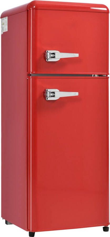 Merax Retro-Kühlschrank. Kühl-Gefrier-Kombination 105.5 cm hoch 41 cm breit zweitürig mit 92 Liter Gesamtvolumen 28 Liter Gefriervolumen. Türregale und Glasregale. 116 kWh Jahr -27°C ~13°C LED-Licht
