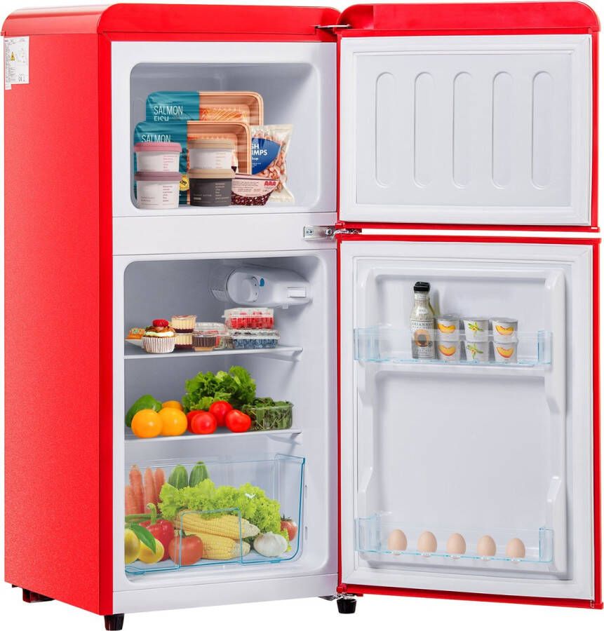 Merax Retro Koel-vriescombinatie Mini Koelkast Premium Rood Compact Model met Dubbele Deur (88.8 cm Hoog 60L) 22L Vriesvak & 38L Koelvak LED-verlichting Energieklasse E - Foto 2