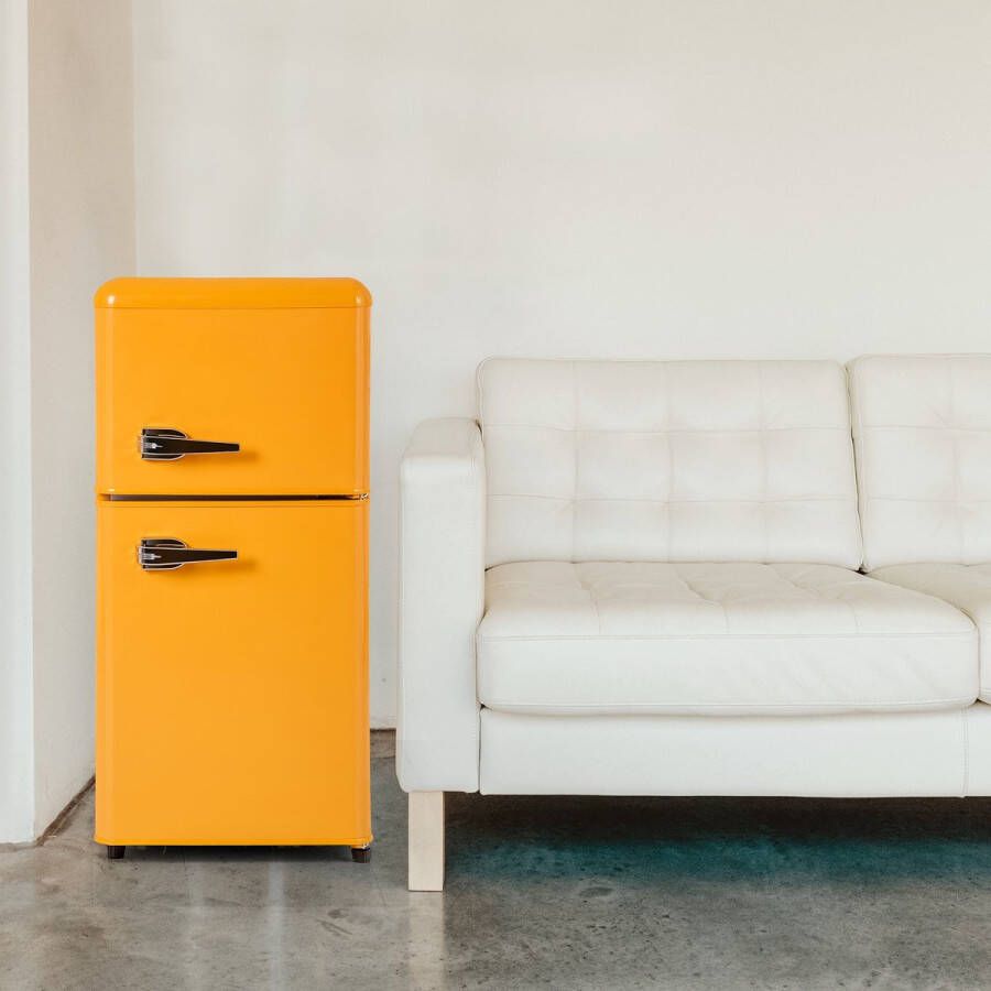 Merax Retro Koel-vriescombinatie – 86 8 cm Hoog met 60L Inhoud & 22L Vriesvak – 7 Temperatuurinstellingen LED-Verlichting – Energieklasse E – Geel