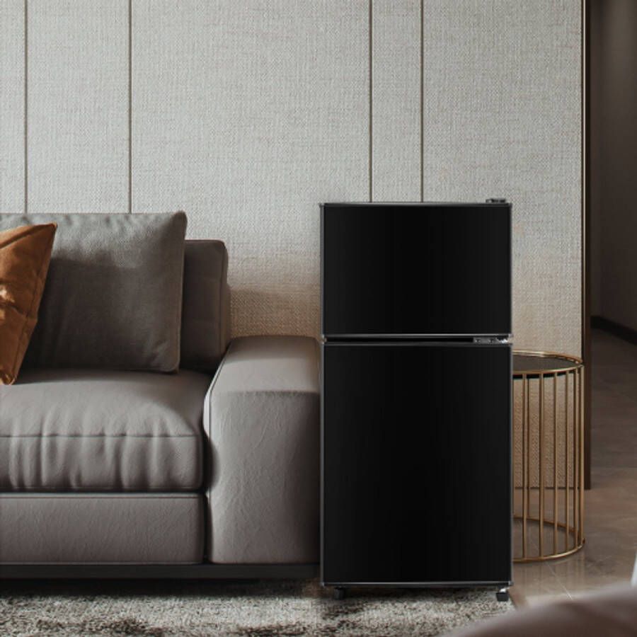 Premium Koel-vriescombinatie 86 8 cm hoog 45 5 cm breed dubbele deur met een totaal volume van 60 liter 22 liter vriesvolume 38 liter koelvolume. 102 kWh jaar ledverlichting. zwart [energieklasse E]