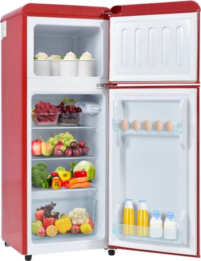 Merlooks Retrokoelkast. Koel-vriescombinatie 105 5 cm hoog 41 cm breed tweedeurs met 92 liter totaalvolume 28 liter vriesvolume. Deurplanken en glazen planken. 181 kWh jaar -27°C ~13°C LED-licht