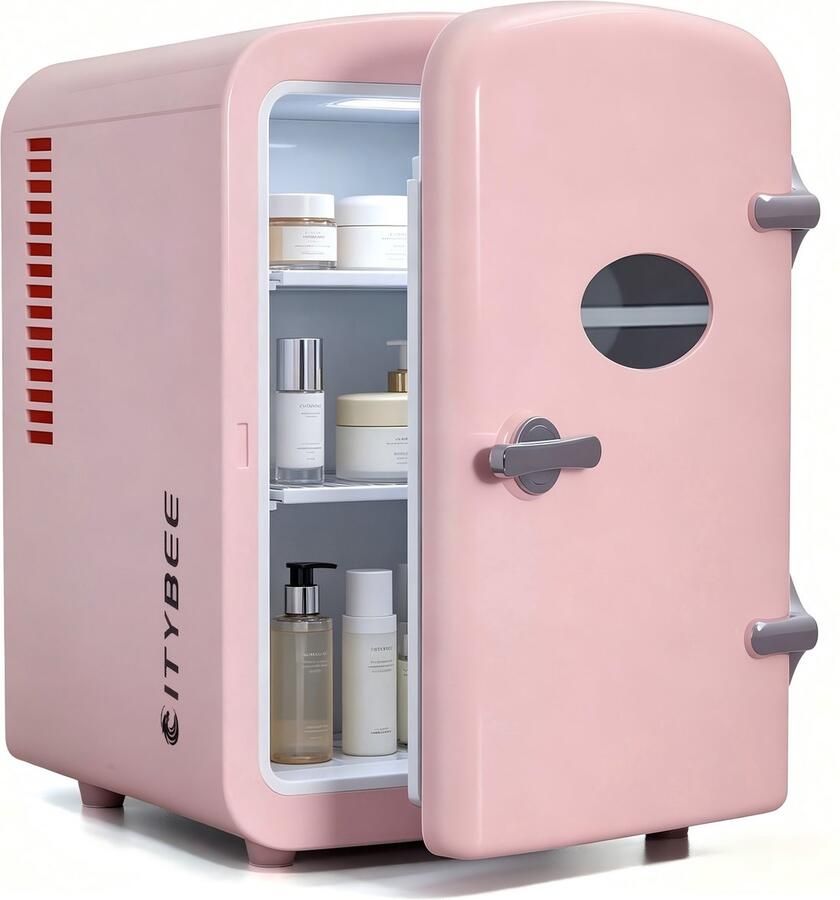 NETTLIFE Mini Koelkasten 4L 12V 230V Auto Aansluiting 25dB Vrijstaand Geschikt voor dranken cosmetica voedsel Minikoelkast ideaal voor in de auto kamer camping kantoor Roze