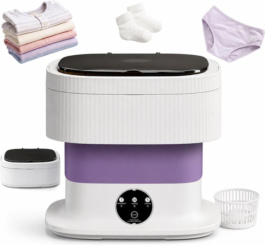 Paars Mini wasmachine Draagbare wasmachine Opvouwbare wasmachine Met centrifuge 10 Liter 3 wasprogramma's Voor camping en babykleding 30*28*30CM
