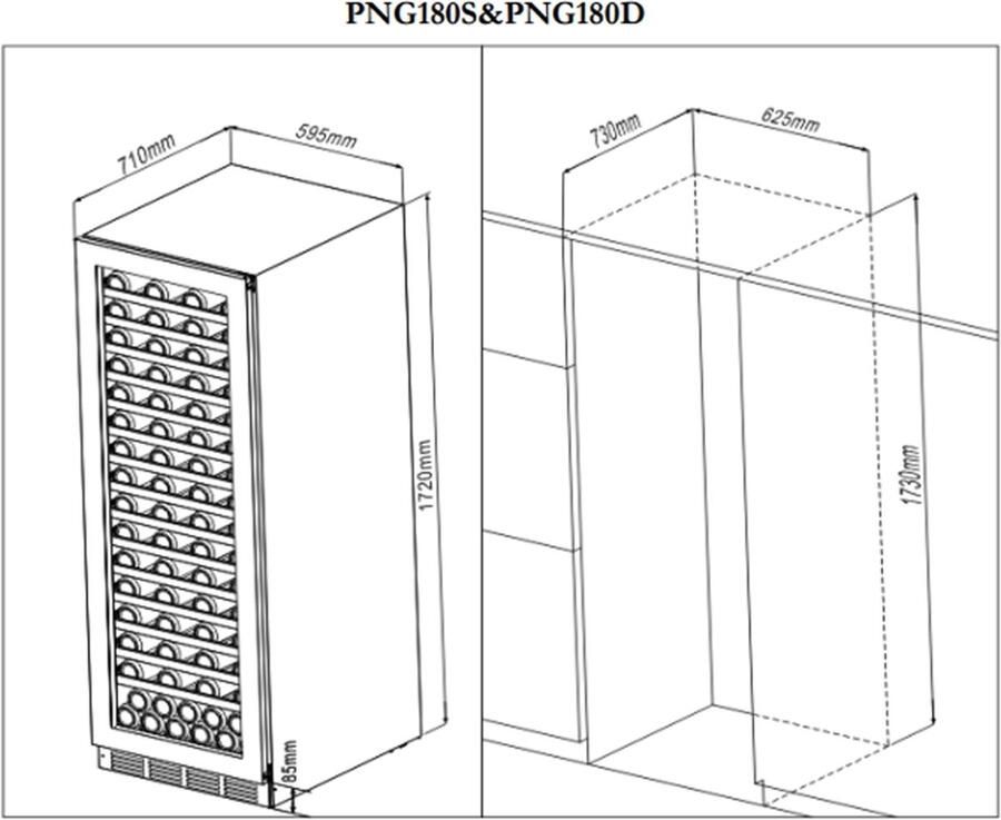 Pevino Majestic Wijnkoelkast 150 flessen 2 zones Zwart stalen front