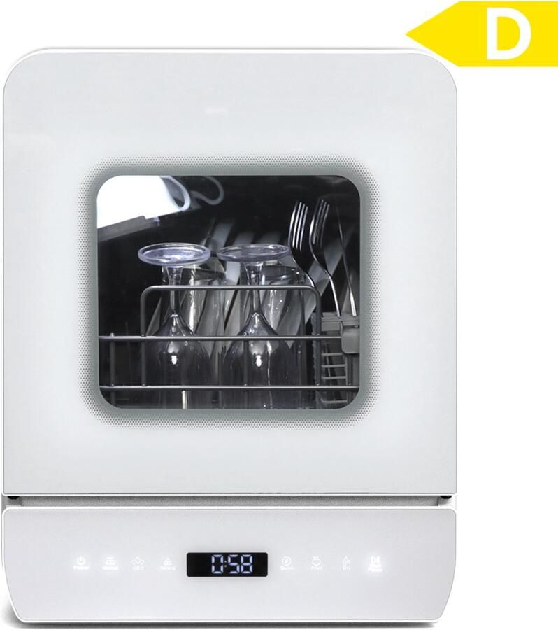 Puluomis DW1003 Mini vaatwasser met Waterreservoir Vrijstaande Afwasmachine 3 Couverts 7 Wasprogramma's Incl. Bestekmandje Wit