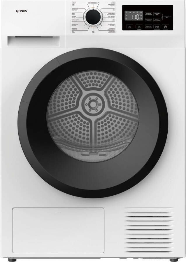 Qonos Warmtepompdroogkast DR1098435– 8kg – Energieklasse E – 16 Programma s – Stil & Efficiënt – Roestvrijstalen Trommel – Zwarte Deur