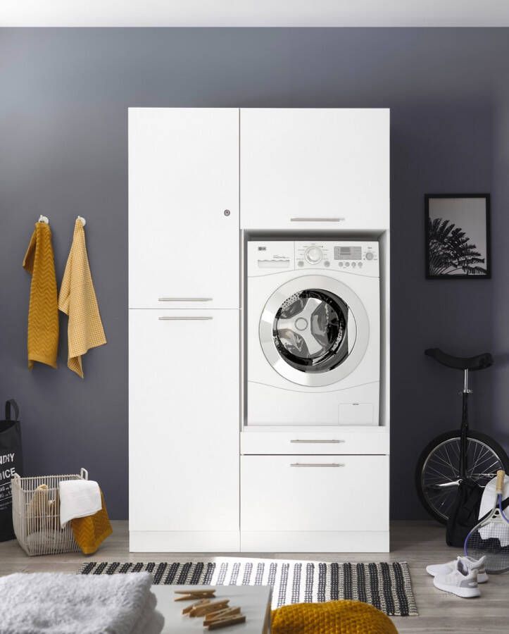 Respekta Wasmachine verhoger met lade en Linnenkast met Afsluitbare bovenkast Wasmachine ombouwkast Wasmachine kast Wit Hoogte 200 cm Wasmachine ombouw meubel