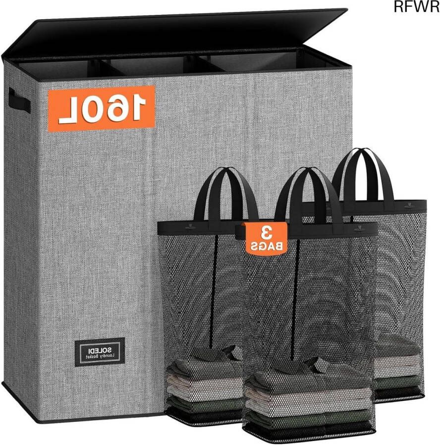 RFWR Grote Wasmand 160 Liter met Deksel en 3 Vakken voor Kleding en Speelgoed