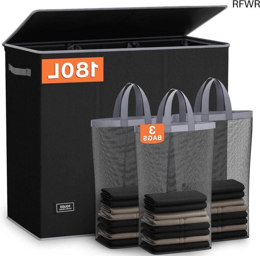 RFWR Grote Wasmand 180 Liter met Deksel en 3 Vakken voor Efficiënt Wassen