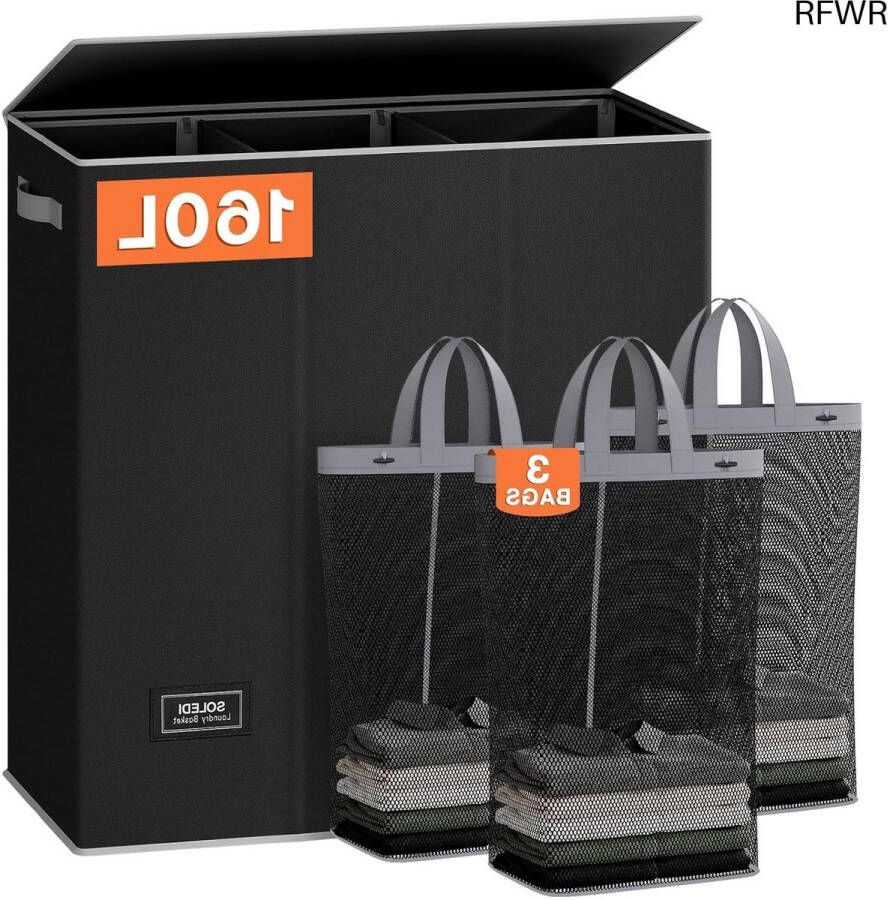 RFWR Grote Wasmand met Deksel – 160 Liter 3 Vakken Ideaal voor Badkamer en Slaapkamer