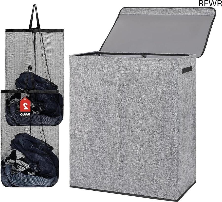 RFWR 150L Dubbele Wasmand met Deksel en Uitneembare Waszakken Grote Opvouwbare Wastrommel voor Slaapkamer Badkamer en Wasruimte