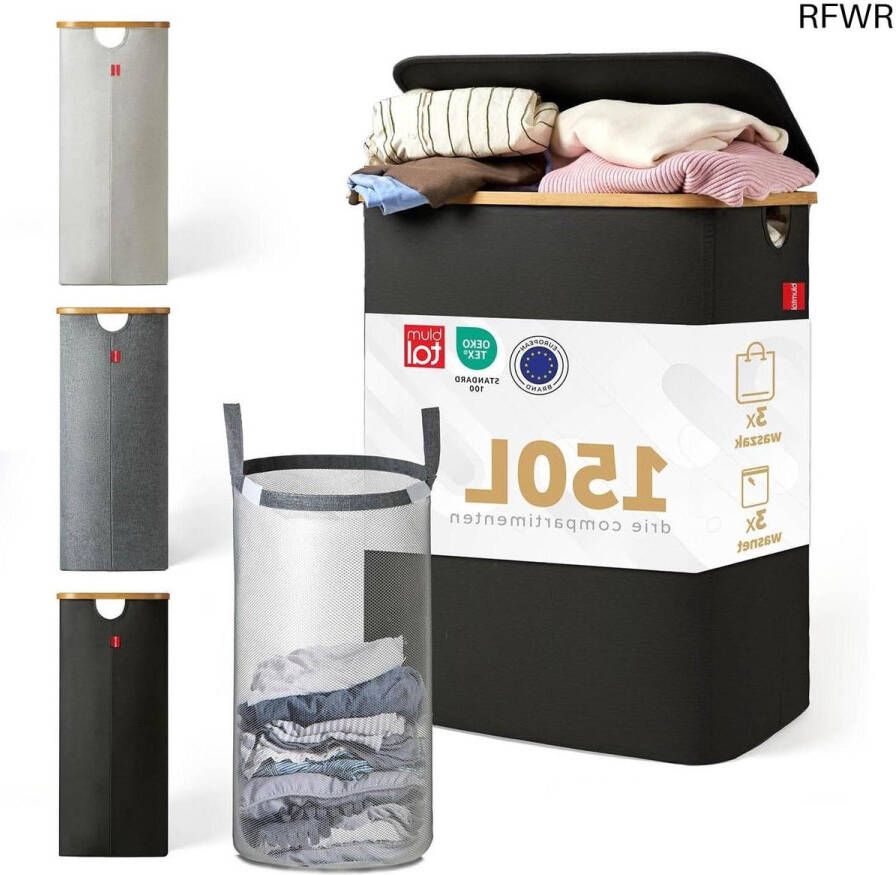RFWR Wasmand 150L met 3 Compartimenten en Deksel Geschikt voor Wasgoed en Flessen