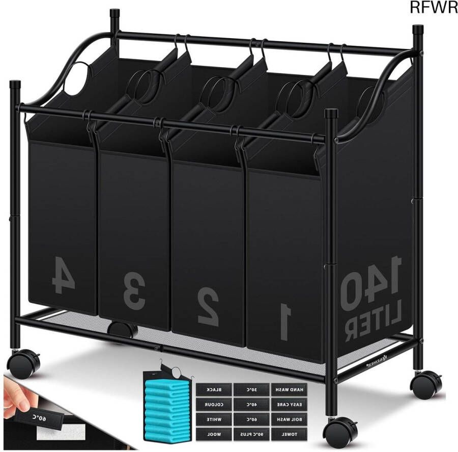 RFWR Wasmand met 4 afneembare stoffen zakken en 360° wielen Efficiënte wassorteerder voor thuis