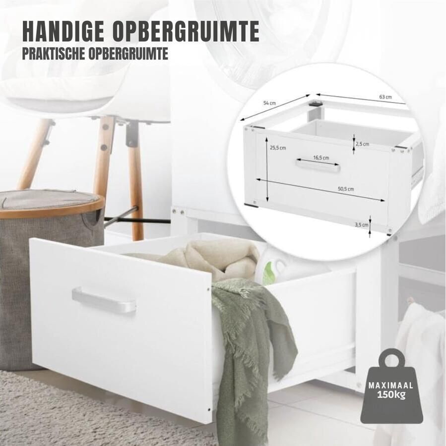 RONN Wasmachine Verhoger Wasmachine Verhoger met Lade Wasmachine Sokkel Met Laadcapaciteit tot 150 KG Wit 63cm x 54cm x 32cm ;9kg