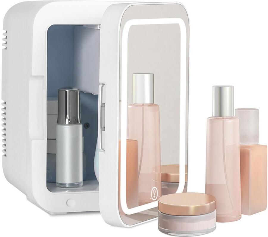 Ruijingsky Mini-autokoelkast cosmeticakoeler met LED-spiegel 4 liter drie instelbare helderheidsniveaus beautykoelkast draagbaar wit