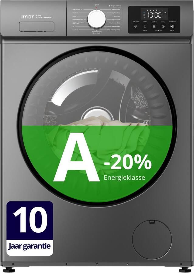 RYER CoreWash Wasmachine 8kg 15 programma s 1200 toeren Energieklasse A-20% Voorwas met Stoom & Trommelreiniging 75 dB Antraciet 2026 Model 10 jaar garantie op motor
