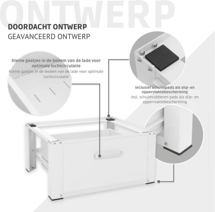 Savi Wasmachine Verhoger Wasmachine Verhoger met Lade Wasmachine Sokkel Met Laadcapaciteit tot 150 KG Wit 63cm x 54cm x 32cm