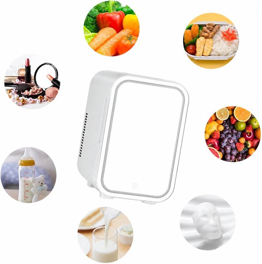 Sello! mini koelkast – frigo – drankjes – snacks – cosmetica – 12v voor auto – 220v – licht – make up spiegel – wit – 4 liter