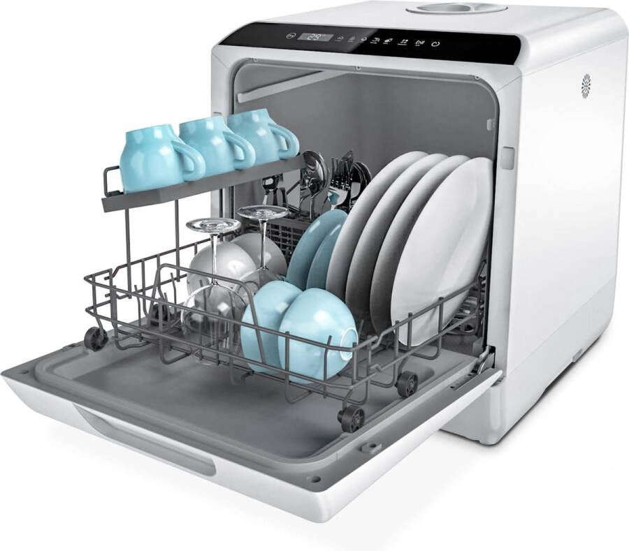 ShopHaven Mini Afwasmachine Tafelmodel 43 cm Breed Gebruik Met en Zonder Wateraansluiting Ruimte voor 4 Besteksets Ideaal voor Kamperen Energieklasse F Wit