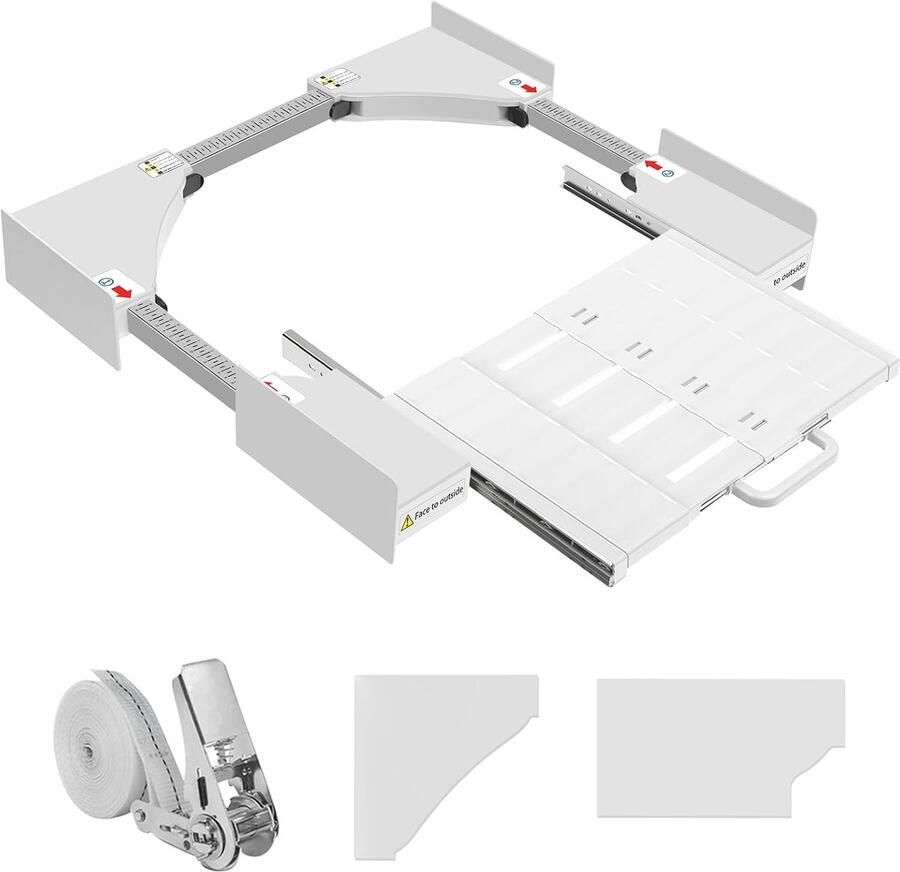 ShopHaven Overlay Set voor Wasmachine en Droger Stapelset met Tussenframe en Plank Verstelbaar voor 53-68 cm Wasmachine en Droger Ruimtebesparend Design Witte Universele Stacking Set Verstelbare Afmetingen Praktische Opbergplank