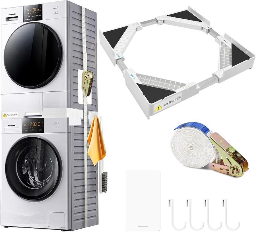 ShopHaven Tussenbouwframe voor Wasmachine en Droger Universeel Verbindingsframe Verstelbare Stapelset 44 5-70 cm 8 EVA Antislippads 4 Haken Rateltouwen Wit Ruimtebesparend Wasmachine Rek