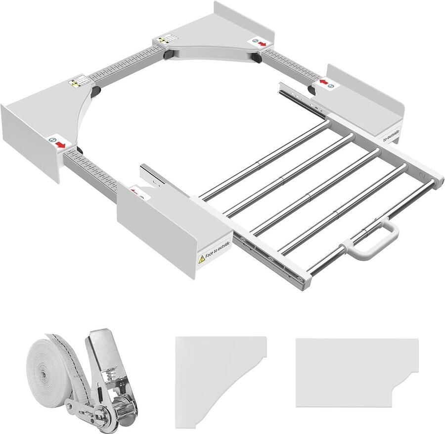 ShopHaven Tussenframe met Uittrekbaar Wasrek Stapelset voor Wasmachine en Droger Verstelbare Maat 53-68 cm Wit Universeel Overlay Frame Handige Handdoekhouder Ruimtebesparende Montage
