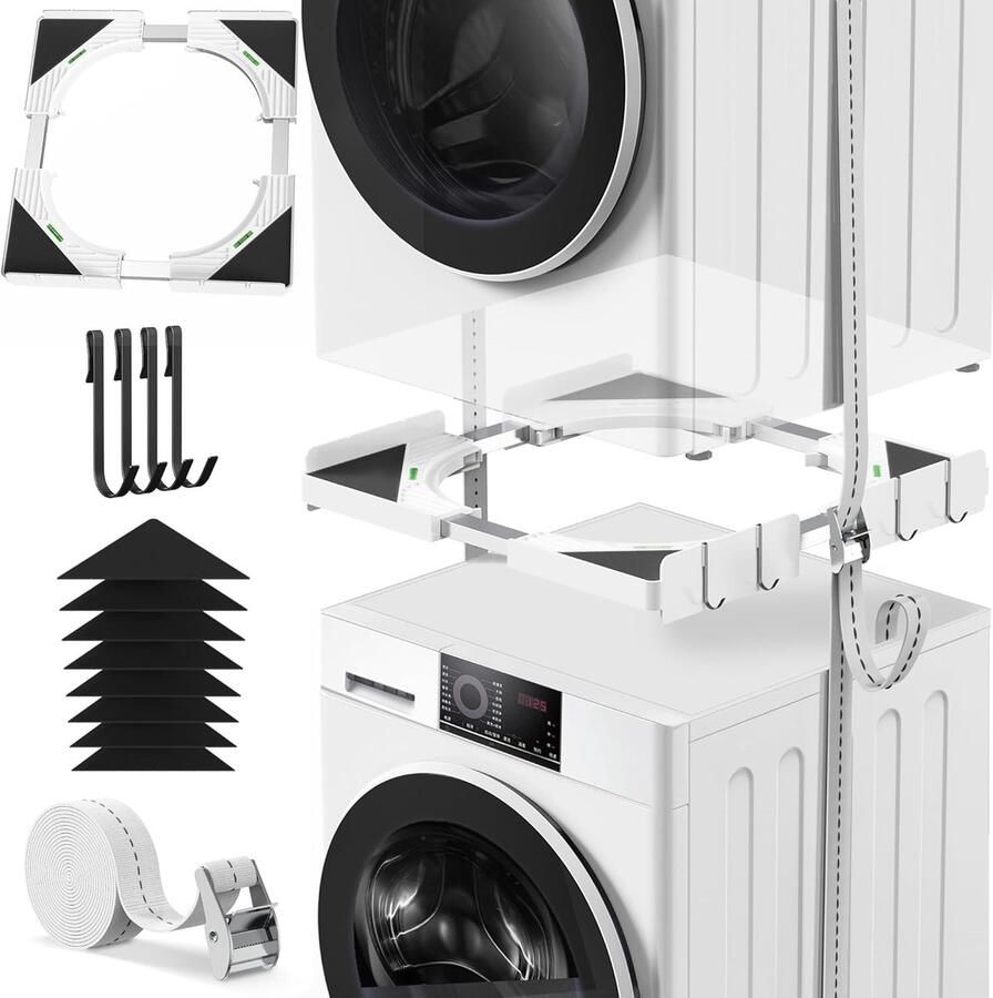 ShopHaven Ultradunne Universele Stapelset voor Wasmachine en Droger Diepte Verstelbaar 45-68 cm Wit Inclusief Zwarte Ratelband + 4 Haken TÜV Getest Ruimtebesparend Tussenframe Trillingsarm en Veilig