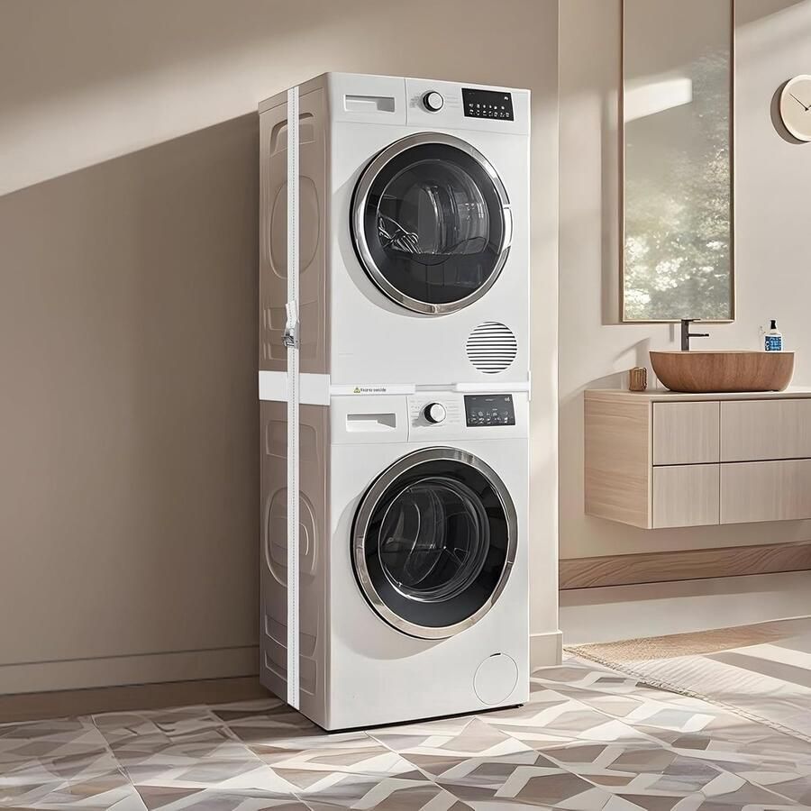 ShopHaven Wasmachine en Droger Stapelset met Ratelband Universeel Tussenframe 46-66 cm Wit Overlap Set Stabiele Verbindingskit Ruimtebesparende Montage Stapelset Slim - Foto 2