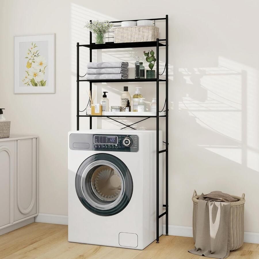 ShopHaven Wasmachine Kast en Toiletrek 3-laags Badkamerrek Handdoekhouder Boven Toilet Opbergrek Ruimtebesparend Badkamermeubel Metaal Zwart Eenvoudig te Monteren 65x166x24 cm Multifunctioneel Opbergrek