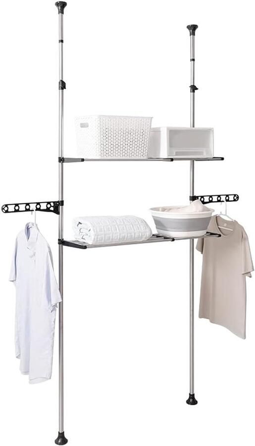 ShopHaven Wasmachine Opbergrek met 2 Lagen – Metalen Toilet Rek voor Boven Wasmachine – Ruimtebesparend Badkamer Rek met Haken – Multifunctionele Opbergstelling – 68 x 49 5 x 173 cm – Grijs