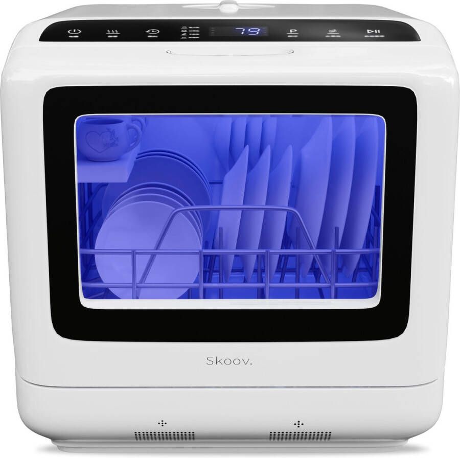 Skoov EcoWasher Vrijstaande Mini Vaatwasser met waterreservoir Met APP 5 Couverts 6 Wasprogramma's Kleine Afwasmachine Dishwasher 45cm Smalle Vaatwasmachine Camping Wit