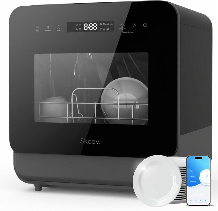 Skoov Mini Vaatwasser met waterreservoir PRO 5 couverts 6 wasprogramma's 45cm Kleine smalle vrijstaande afwasmachine Camping Zwart