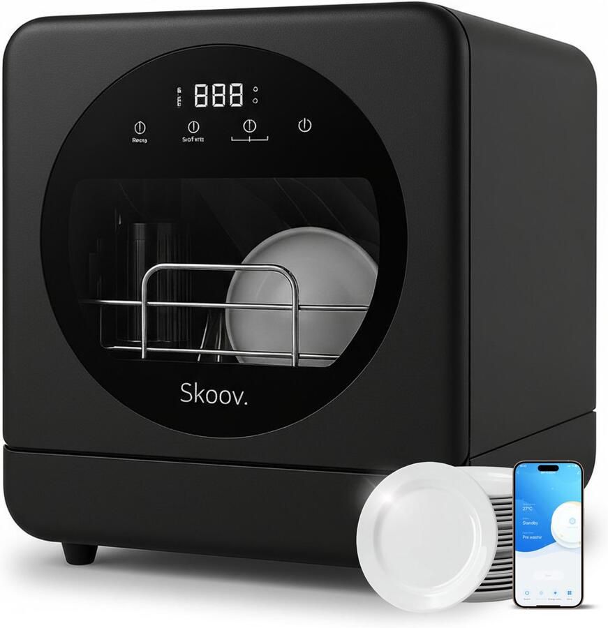 Skoov Mini Vaatwasser met waterreservoir 5 couverts 6 wasprogramma's 45cm Kleine smalle vrijstaande afwasmachine Camping Zwart