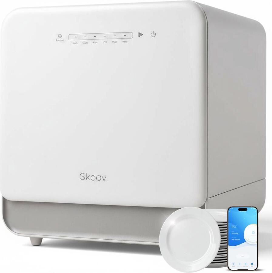 Skoov Mini Vaatwasser met waterreservoir 5 couverts 6 wasprogramma's Extra stil Kleine smalle vrijstaande afwasmachine Camping Wit