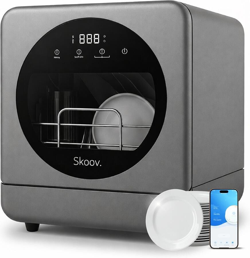 Skoov Mini Vaatwasser met waterreservoir 5 couverts 6 wasprogramma's 45cm Kleine smalle vrijstaande afwasmachine Camping Zwart