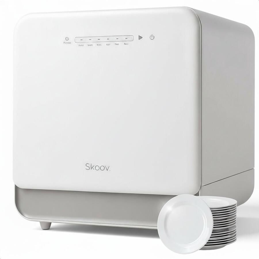 Skoov Mini Vaatwasser met waterreservoir 5 couverts 6 wasprogramma's Extra stil Kleine smalle vrijstaande afwasmachine Camping Wit