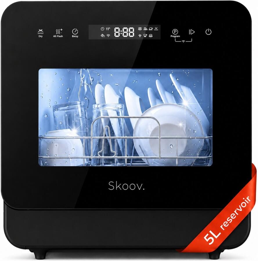Skoov Vrijstaande mini vaatwasser met waterreservoir Afwasmachine vrijstaand Dishwasher Vaatwas Met bestekmand Kleine vaatwasmachine Smalle Tafel Camping Zwart Compact 5 Couverts 6 wasprogramma s 45 cm