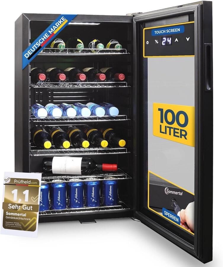 Sommertal koelkast Stille drankkoelkast met led touchscreen en slot Kleine flessenkoelkast zwart Energieklasse F
