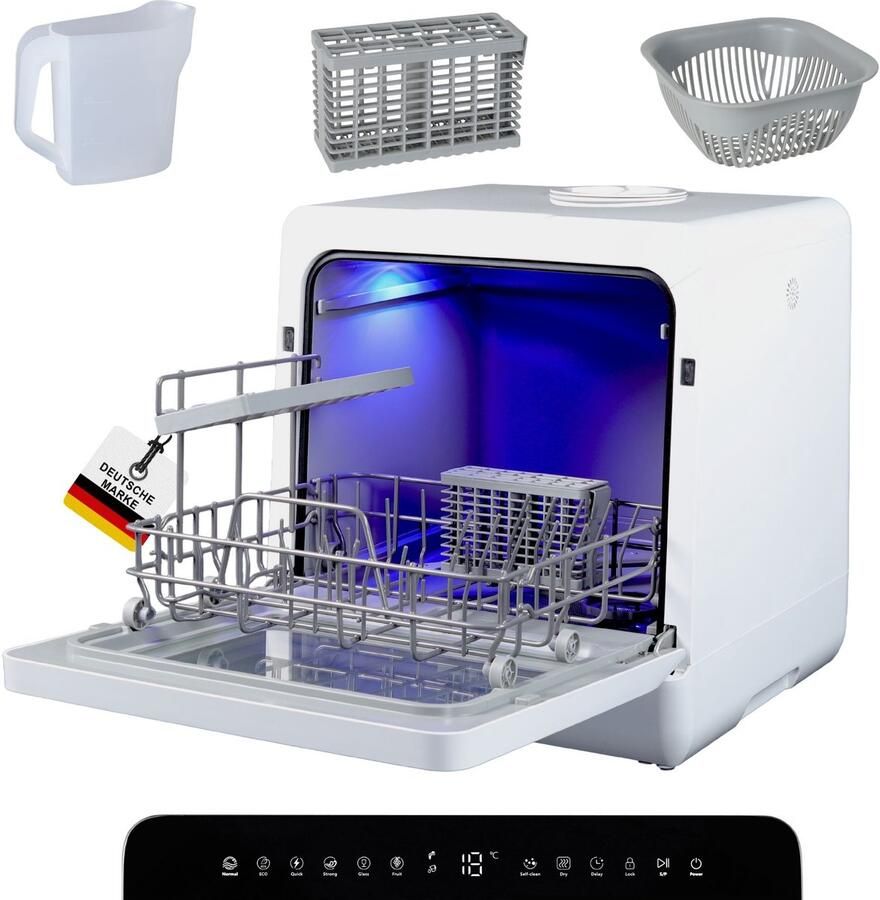 Sommertal SP9 Mini-vaatwasser Tafelvaatwasser voor 1 tot 5 personen borden tot 28 cm 10+1 functies Kleine compacte vaatwasser vrijstaand led touch 5 l waterreservoir & vaste aansluiting [energieklasse D]