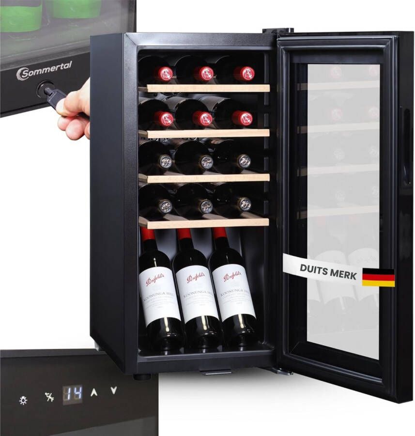 Sommertal WK 50 wijnkoeler – 15 flessen instelbaar van 5–20 °C afsluitbaar ledverlichting glazen deur touchscreen 4 houten planken stil en energiezuinig uv-bestendige beglazing [energieklasse F]
