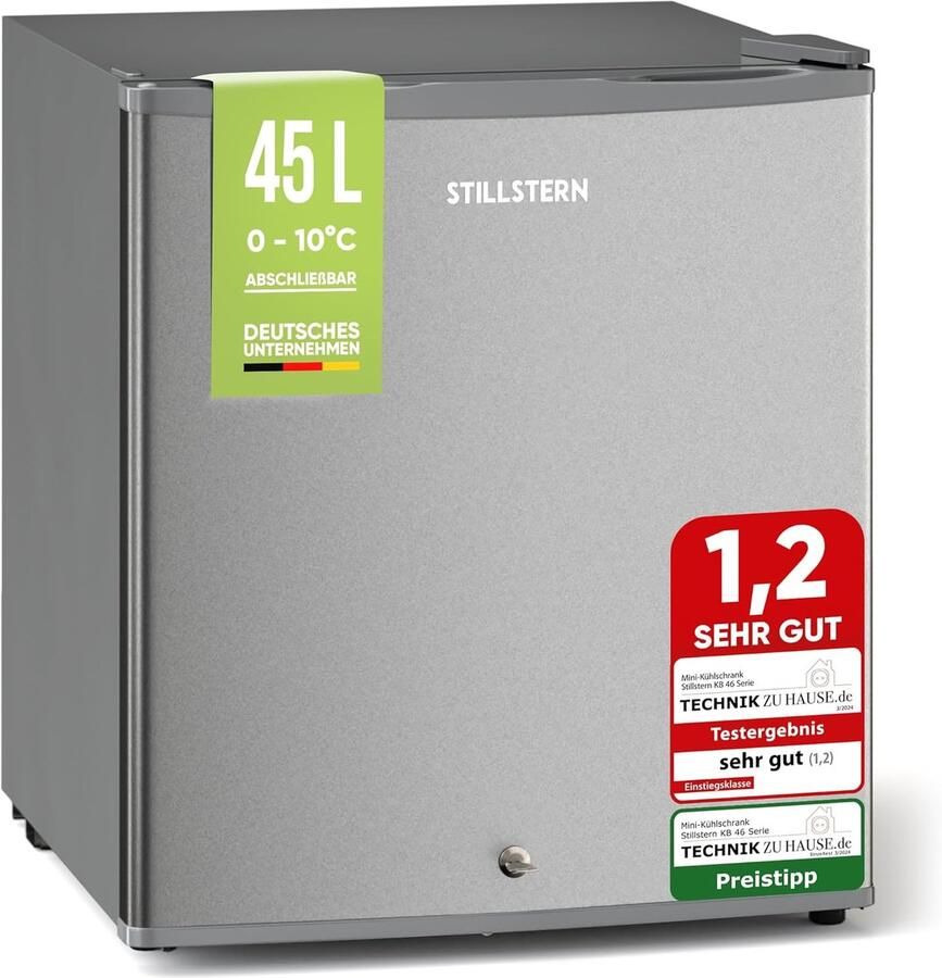 Stillstern Mini-Koelkast E 45L met Automatische Ontdooiing Slot Vriesvak stil ideaal voor keuken kantoor slaapkamer hotels en kleine appartementen Kleine koelkast Minibar Drankkoelkast Zilver [Energieklasse E]