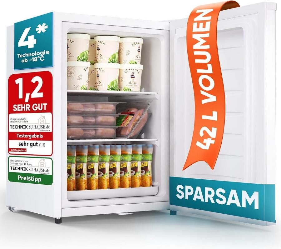 Stillstern Mini-vriezer klein & stil 42 l mini-diepvrieskist -18 °C met ijsblokjesbakje & slot deurscharnier rechts links 4-sterren diepvrieskast kleine diepvriezers [energieklasse E]