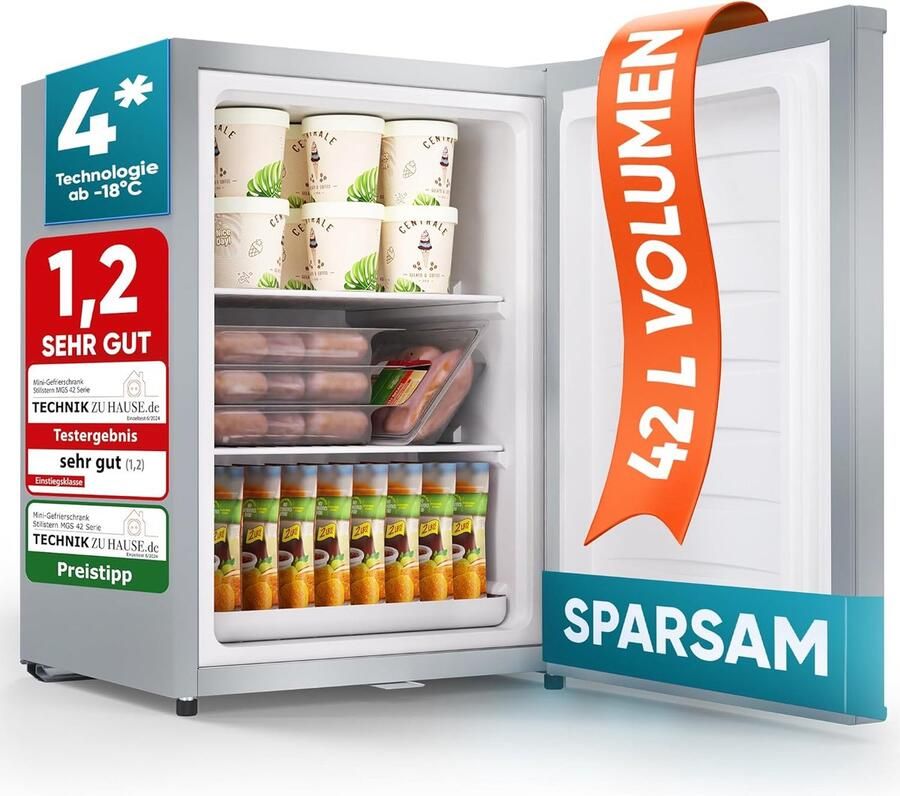 Stillstern Mini-vriezer klein & stil 42 l mini-diepvrieskist -18 °C met ijsblokjesbakje & slot deurscharnier rechts links 4-sterren diepvrieskast kleine diepvriezers [energieklasse E]