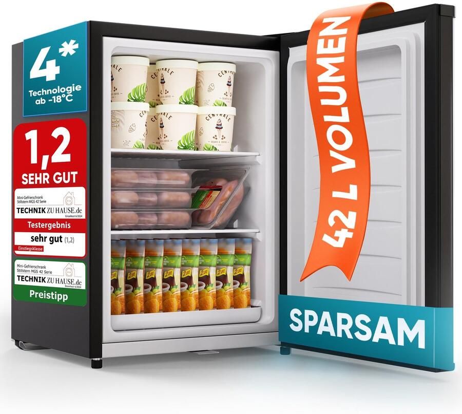 Stillstern Mini-vriezer klein & stil 42 l mini-diepvrieskist -18 °C met ijsblokjesbakje & slot deurscharnier rechts links 4-sterren diepvrieskast kleine diepvriezers [energieklasse E]