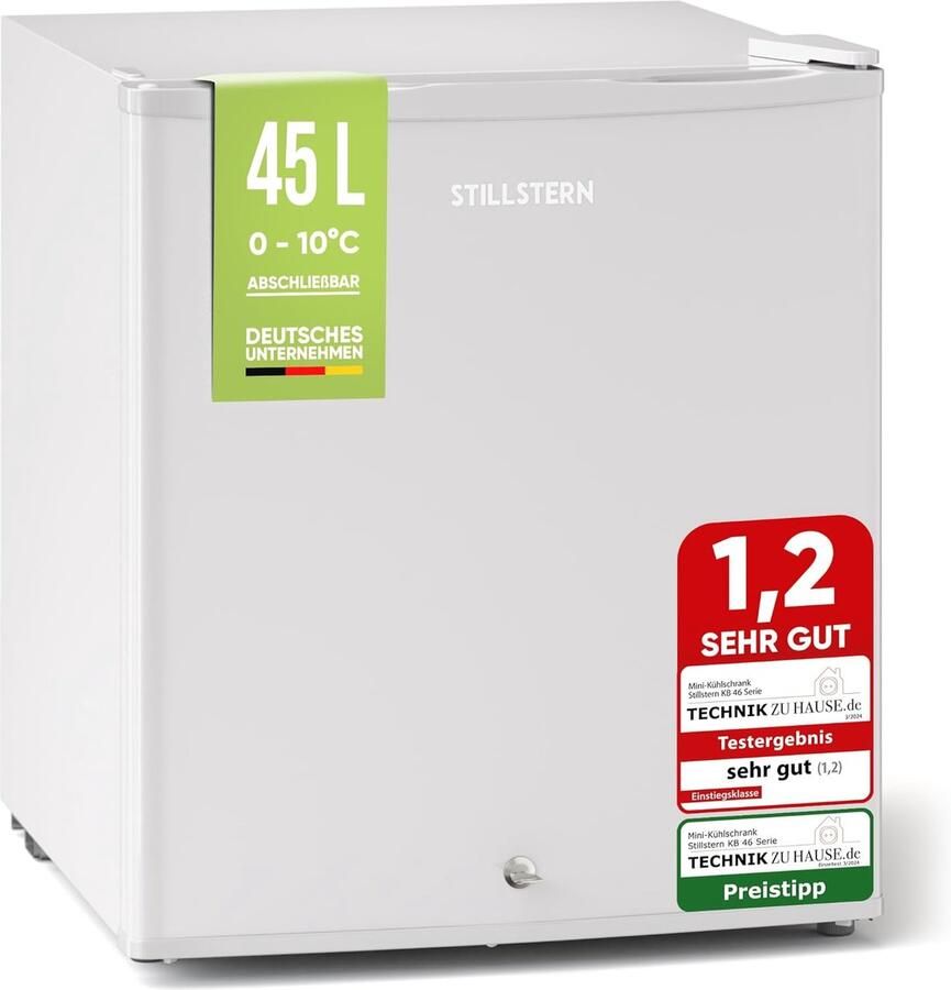 Stillstern Stille mini-koelkast E 45L met automatische ontdooiing slot vriesvak stil ideaal voor keuken kantoor slaapkamer hotels en kleine appartementen Kleine koelkast Minibar Drankkoelkast Zilver [Energieklasse E]