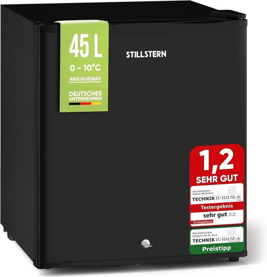 Stillstern Stille mini-koelkast E 45L met automatische ontdooiing slot vriesvak stil ideaal voor keuken kantoor slaapkamer hotels en kleine appartementen Kleine koelkast Minibar Drankkoelkast Zilver [Energieklasse E]