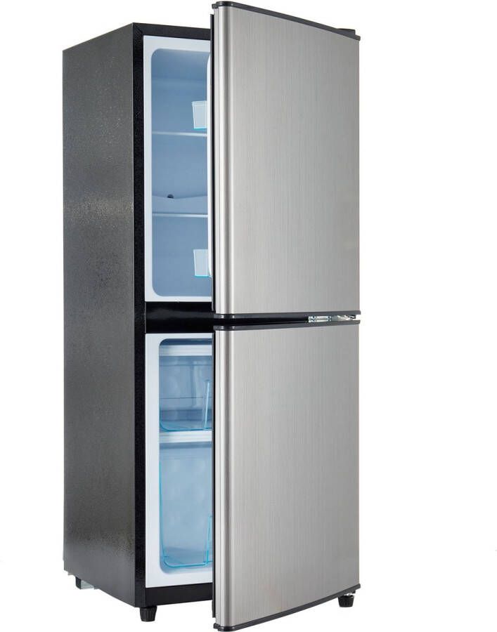 Sweiko 106L Tweezonige Energiebesparende Koelkast 60L Koelkast + 46L 4-Sterrenvriezer 7-Temperatuurinstellingen 45 dB Geborsteld Grijs-Zilver LED verlichting verstelbare planken 166 kWh Jaar